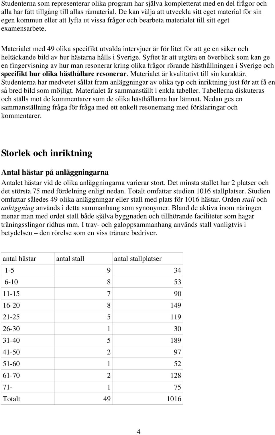 Materialet med 49 olika specifikt utvalda intervjuer är för litet för att ge en säker och heltäckande bild av hur hästarna hålls i Sverige.