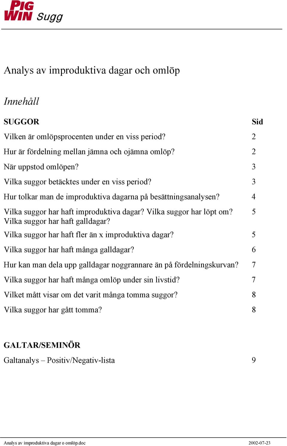 Vilka suggor har haft galldagar? Vilka suggor har haft fler än x improduktiva dagar? 5 Vilka suggor har haft många galldagar?