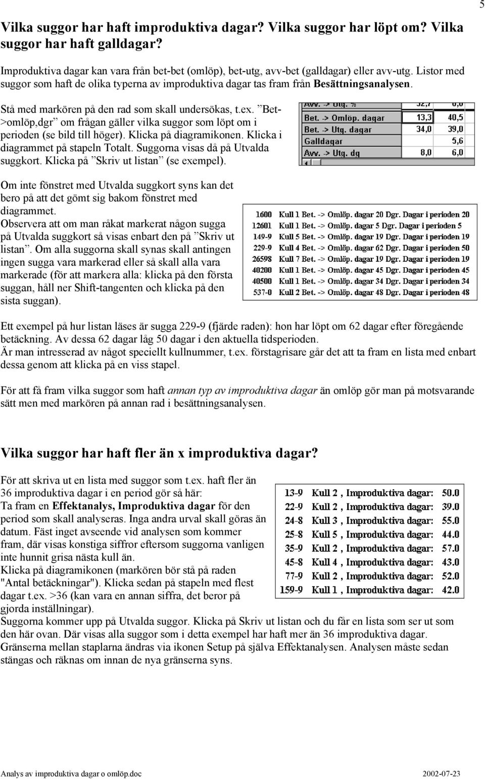 Bet- >omlöp,dgr om frågan gäller vilka suggor som löpt om i perioden (se bild till höger). Klicka på diagramikonen. Klicka i diagrammet på stapeln Totalt. Suggorna visas då på Utvalda suggkort.