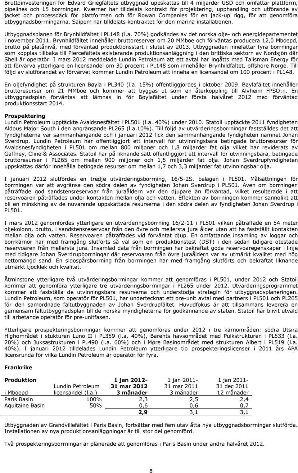 utbyggnadsborrningarna. Saipem har tilldelats kontraktet för den marina installationen. Utbyggnadsplanen för Brynhildfältet i PL148 (l.a. 70%) godkändes av det norska olje- och energidepartementet i november 2011.