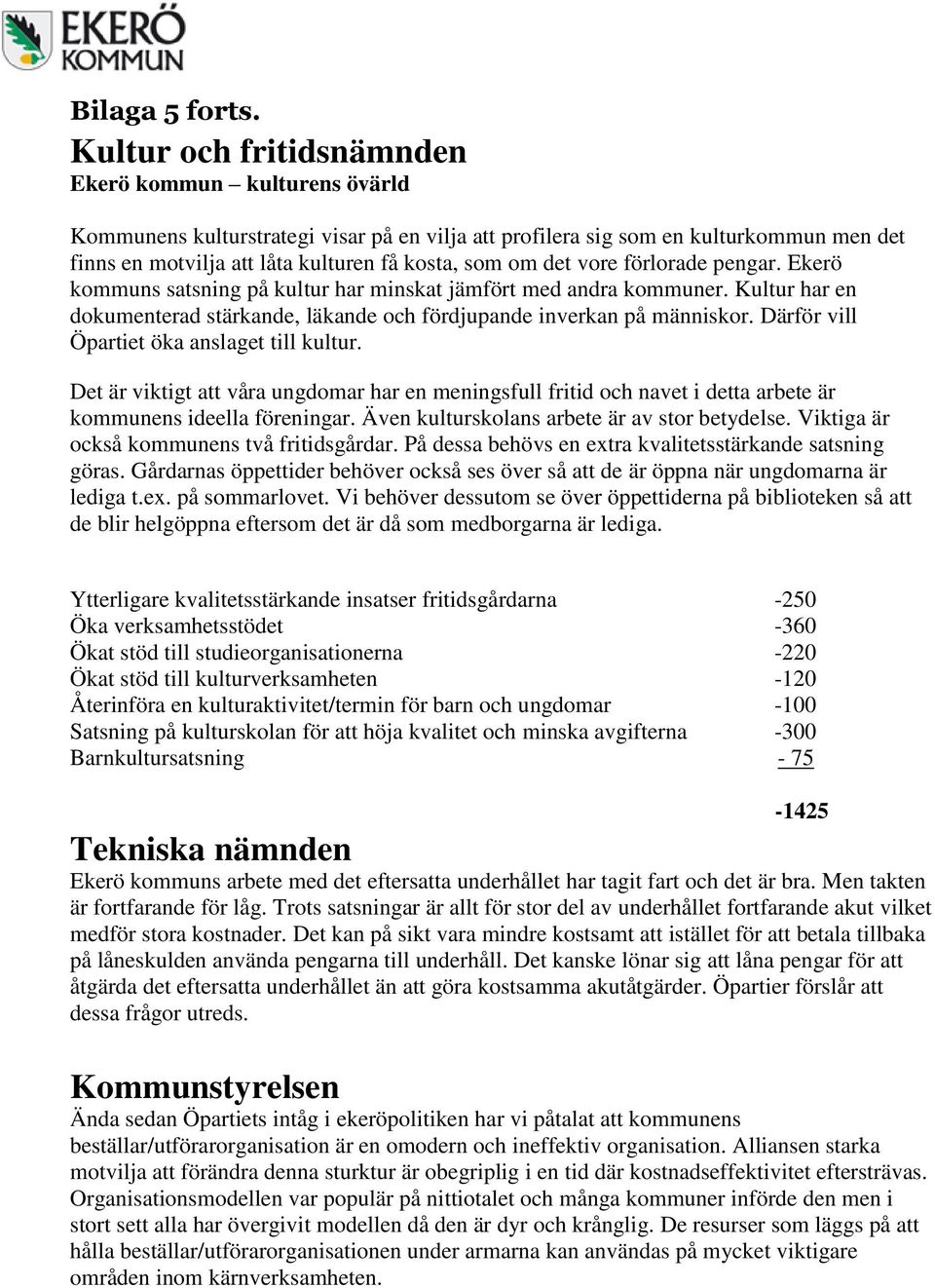 det vore förlorade pengar. Ekerö kommuns satsning på kultur har minskat jämfört med andra kommuner. Kultur har en dokumenterad stärkande, läkande och fördjupande inverkan på människor.