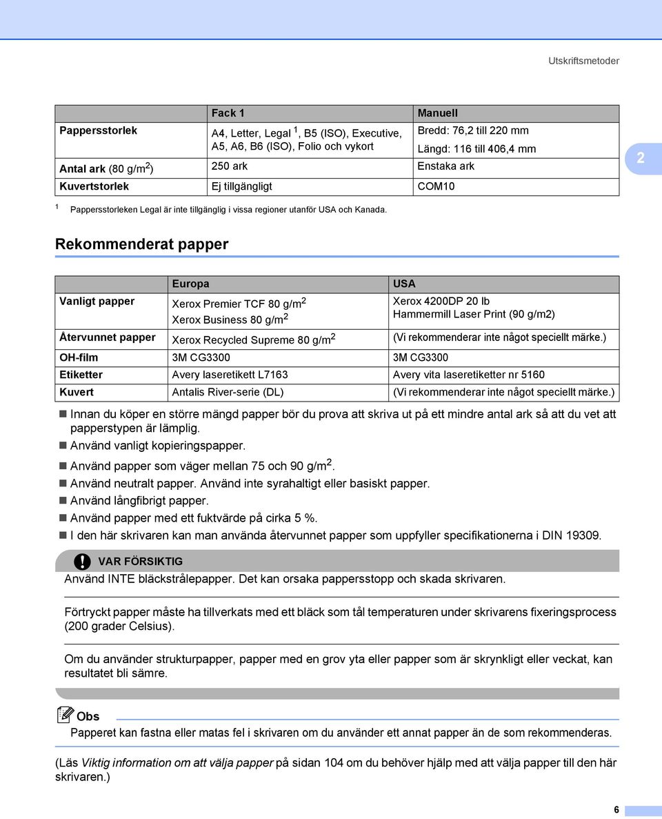 Rekommenderat papper 2 Europa USA Vanligt papper Xerox Premier TCF 80 g/m 2 Xerox 4200DP 20 lb Xerox Business 80 g/m 2 Hammermill Laser Print (90 g/m2) Återvunnet papper Xerox Recycled Supreme 80 g/m