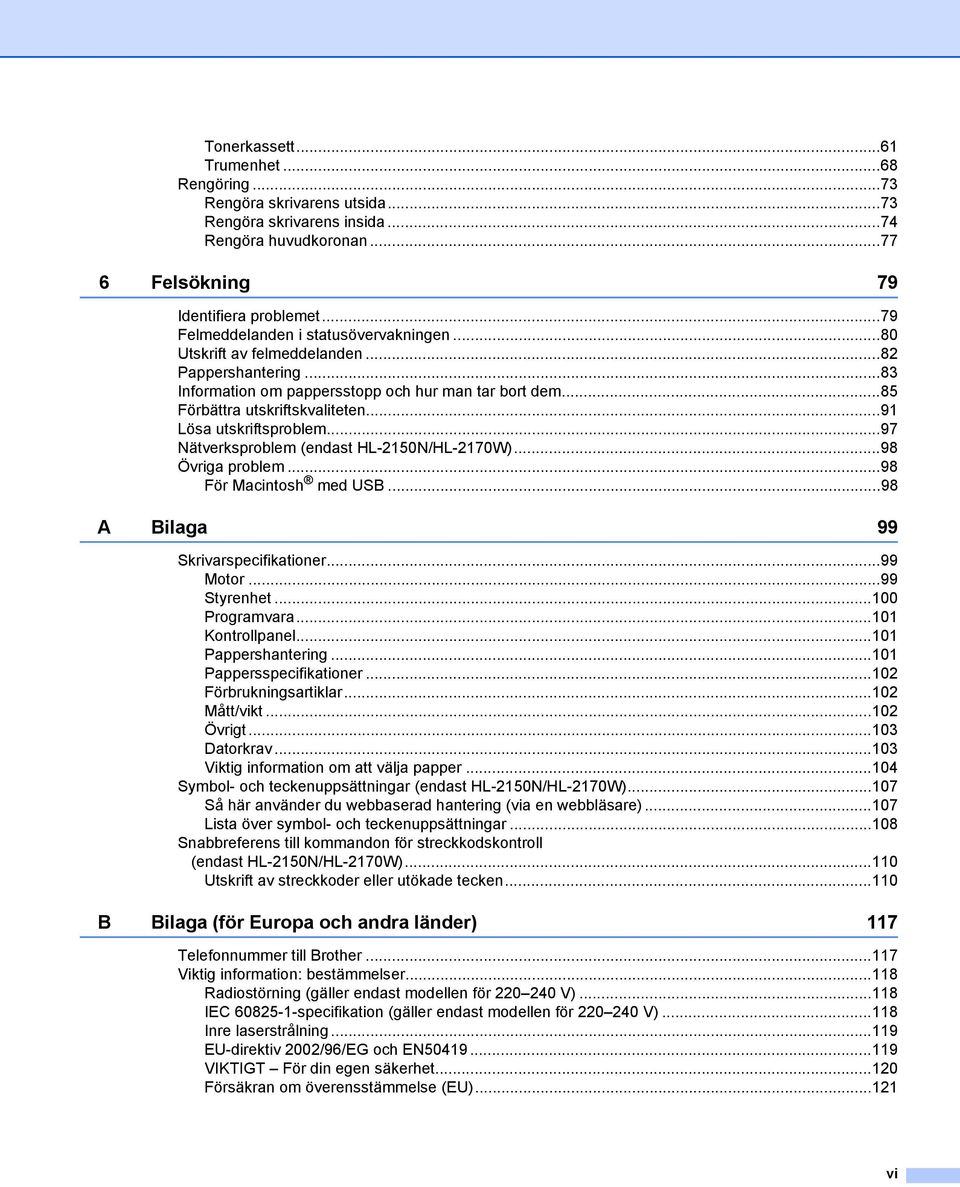 ..91 Lösa utskriftsproblem...97 Nätverksproblem (endast HL-2150N/HL-2170W)...98 Övriga problem...98 För Macintosh med USB...98 A Bilaga 99 Skrivarspecifikationer...99 Motor...99 Styrenhet.