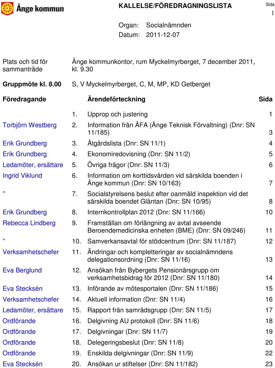 Verksamhetschefer Ledamöter, ersättare Ordförande Ordförande Ordförande Ordförande Eva Stecksén 2. Information från ÅFA (Ånge Teknisk Förvaltning) (Dnr: SN 11/185) 3 3.