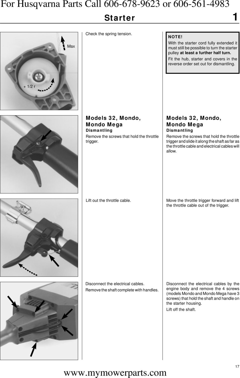 Models 32, Mondo, Mondo Mega Dismantling Remove the screws that hold the throttle trigger and slide it along the shaft as far as the throttle cable and electrical cables will allow.