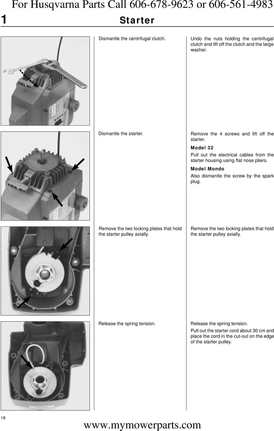 Model Mondo Also dismantle the screw by the spark plug. Remove the two locking plates that hold the starter pulley axially.