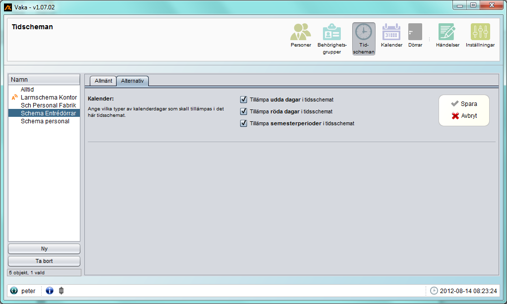 Så här kan en lista med olika dagtyper i kalendern se ut: I tidschemat, under fliken alternativ, anger du vilka typer av kalenderdagar som skall tillämpas i tidsschemat. T.ex.