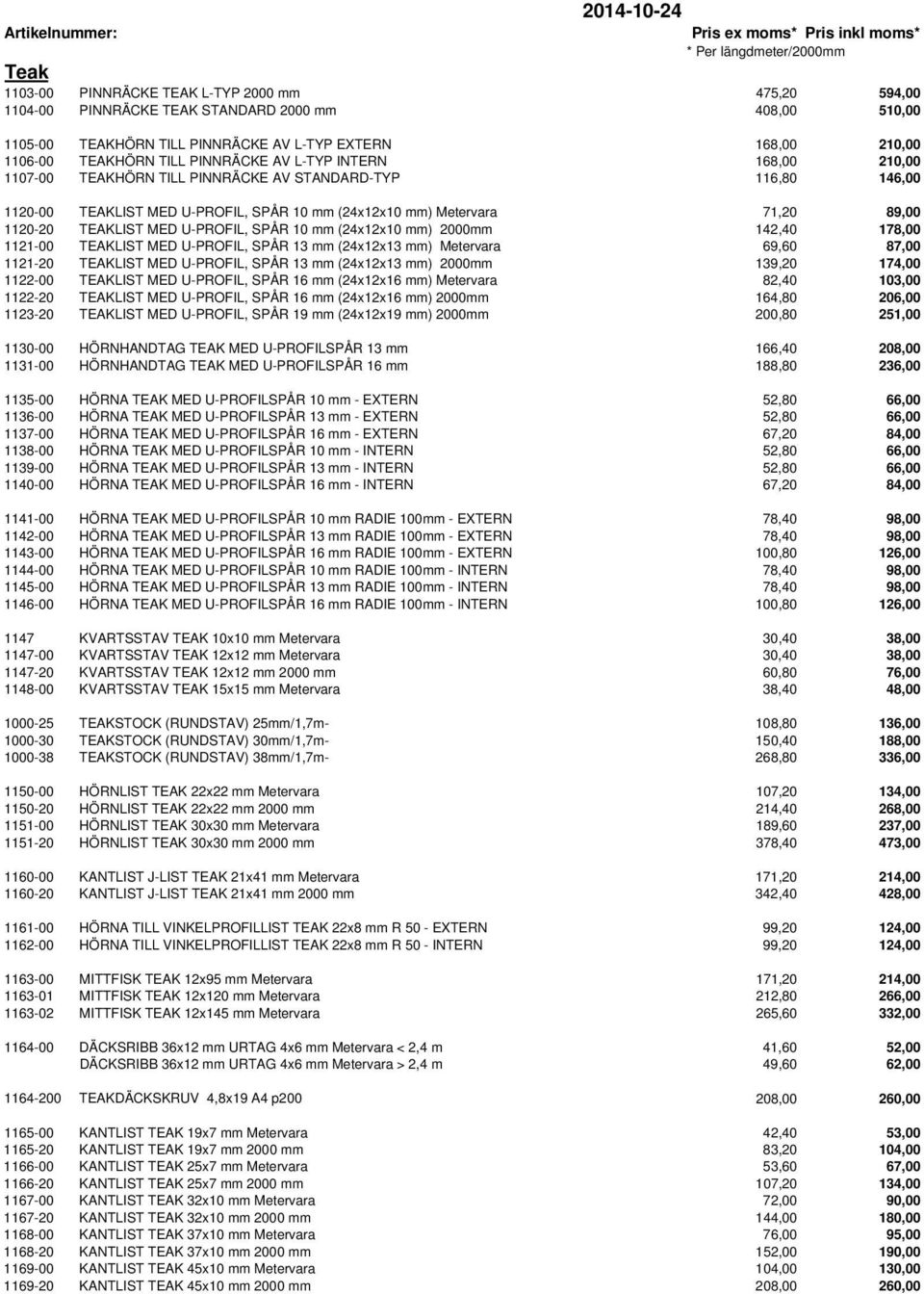 SPÅR 10 mm (24x12x10 mm) Metervara 71,20 89,00 1120-20 TEAKLIST MED U-PROFIL, SPÅR 10 mm (24x12x10 mm) 2000mm 142,40 178,00 1121-00 TEAKLIST MED U-PROFIL, SPÅR 13 mm (24x12x13 mm) Metervara 69,60
