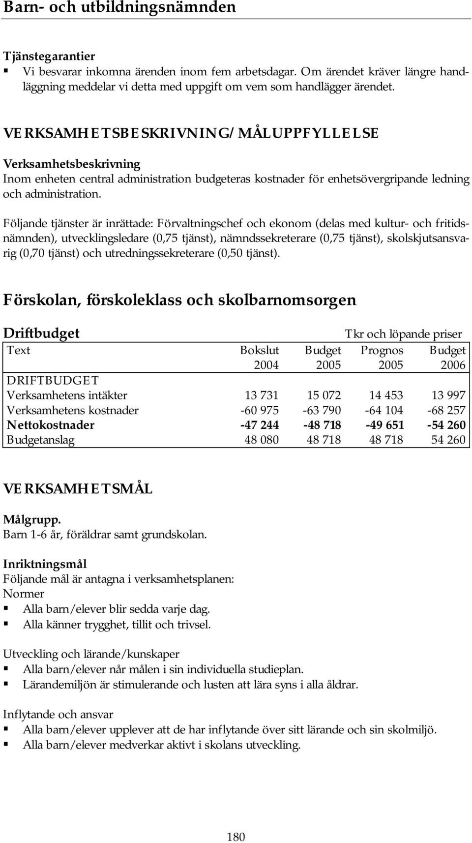 Följande tjänster är inrättade: Förvaltningschef och ekonom (delas med kultur- och fritidsnämnden), utvecklingsledare (0,75 tjänst), nämndssekreterare (0,75 tjänst), skolskjutsansvarig (0,70 tjänst)