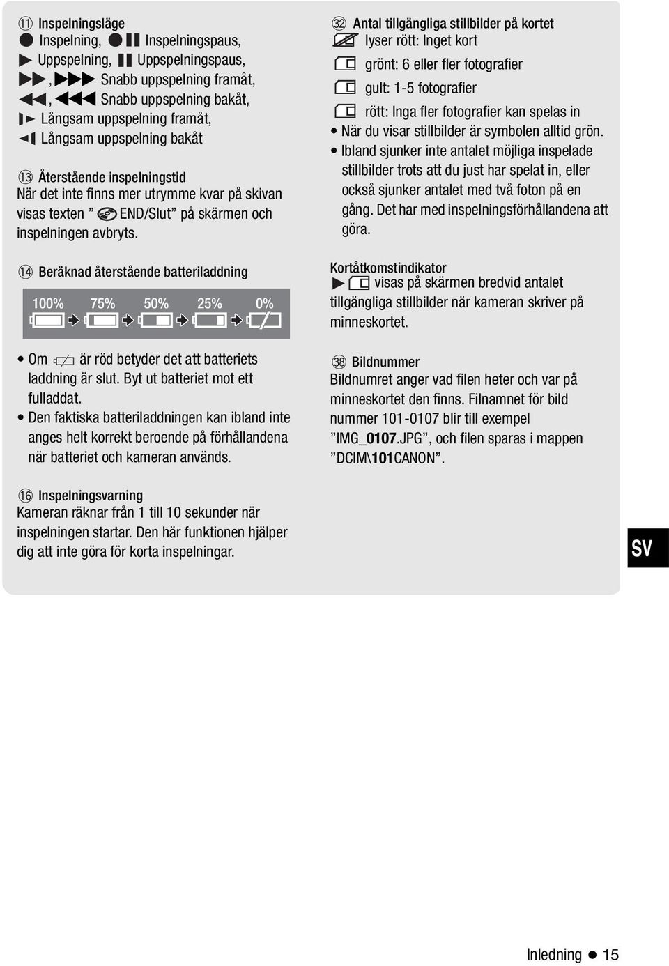 Beräknad återstående batteriladdning 100% 75% 50% 25% 0% Om är röd betyder det att batteriets laddning är slut. Byt ut batteriet mot ett fulladdat.