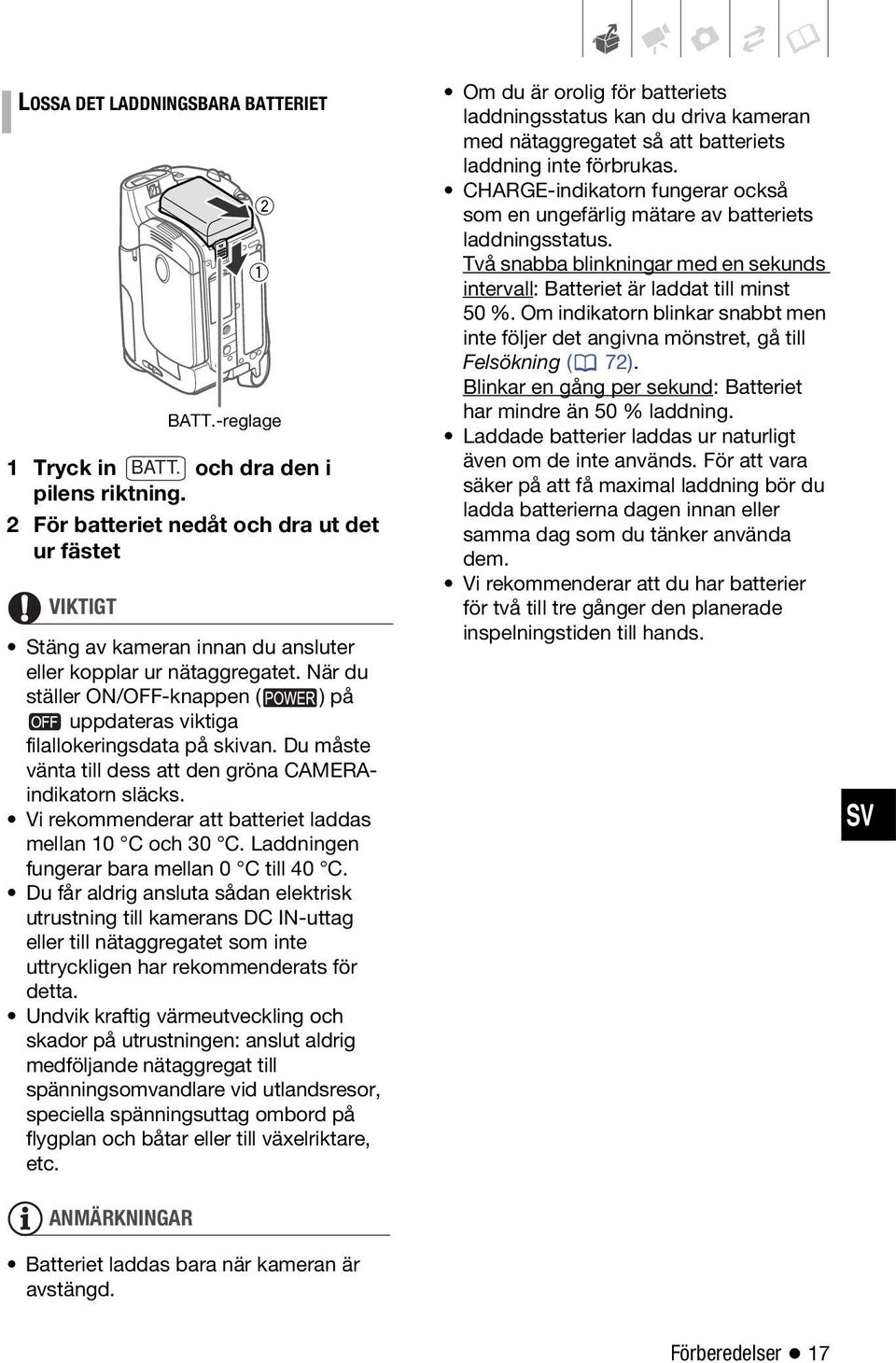 När du ställer ON/OFF-knappen ( ) på uppdateras viktiga filallokeringsdata på skivan. Du måste vänta till dess att den gröna CAMERAindikatorn släcks.