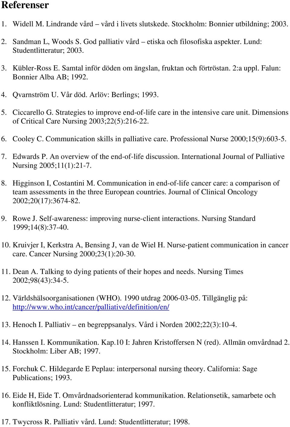 Ciccarello G. Strategies to improve end-of-life care in the intensive care unit. Dimensions of Critical Care Nursing 2003;22(5):216-22. 6. Cooley C. Communication skills in palliative care.