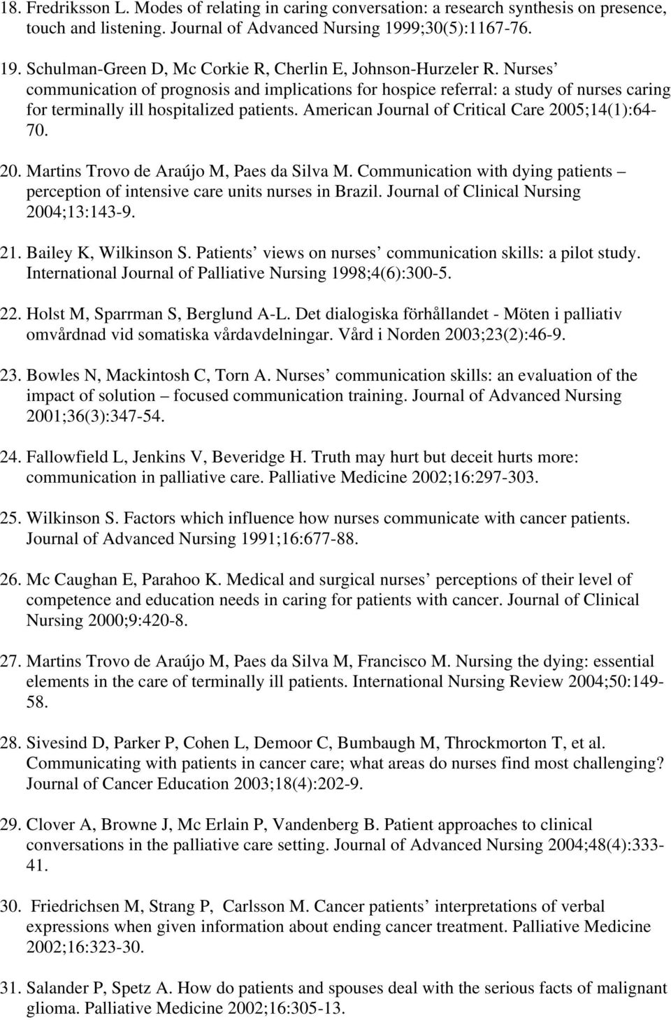 Nurses communication of prognosis and implications for hospice referral: a study of nurses caring for terminally ill hospitalized patients. American Journal of Critical Care 200