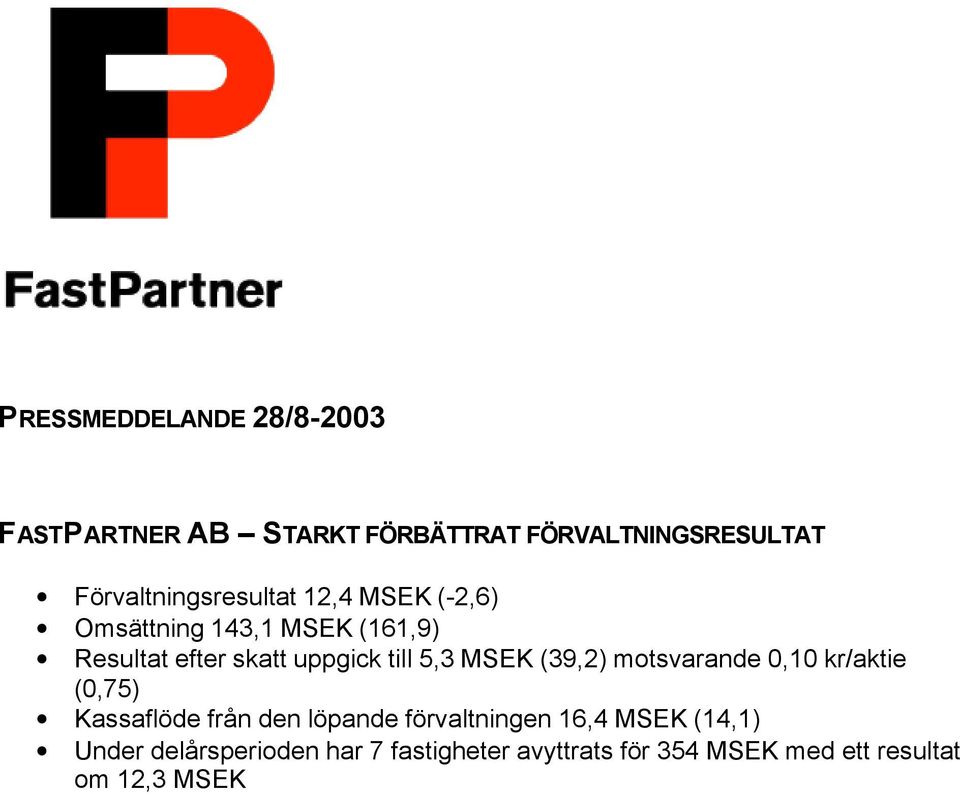 uppgick till 5,3 MSEK (39,2) motsvarande 0,10 kr/aktie (0,75) Kassaflöde från den löpande