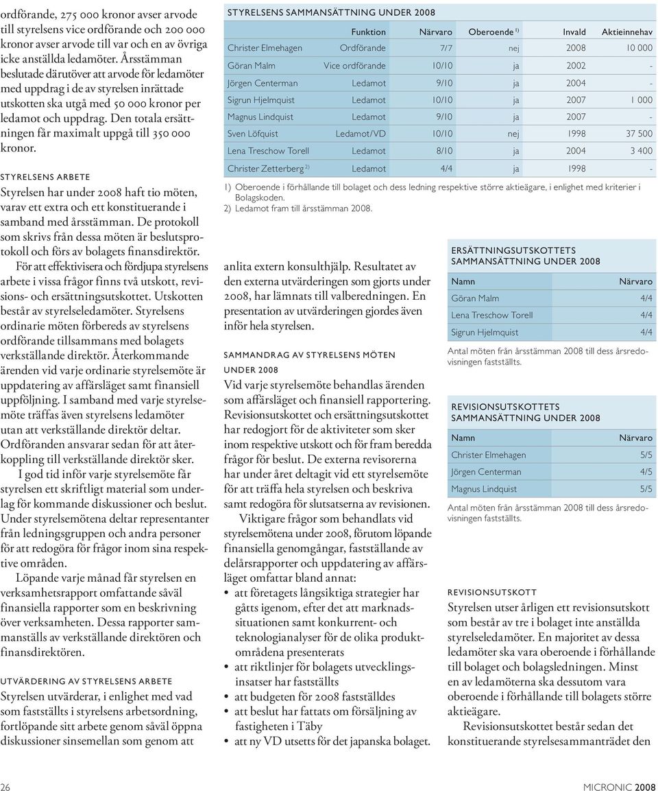 Den totala ersättningen får maximalt uppgå till 350 000 kronor. STYRELSENS ARBETE Styrelsen har under 2008 haft tio möten, varav ett extra och ett konstituerande i samband med årsstämman.