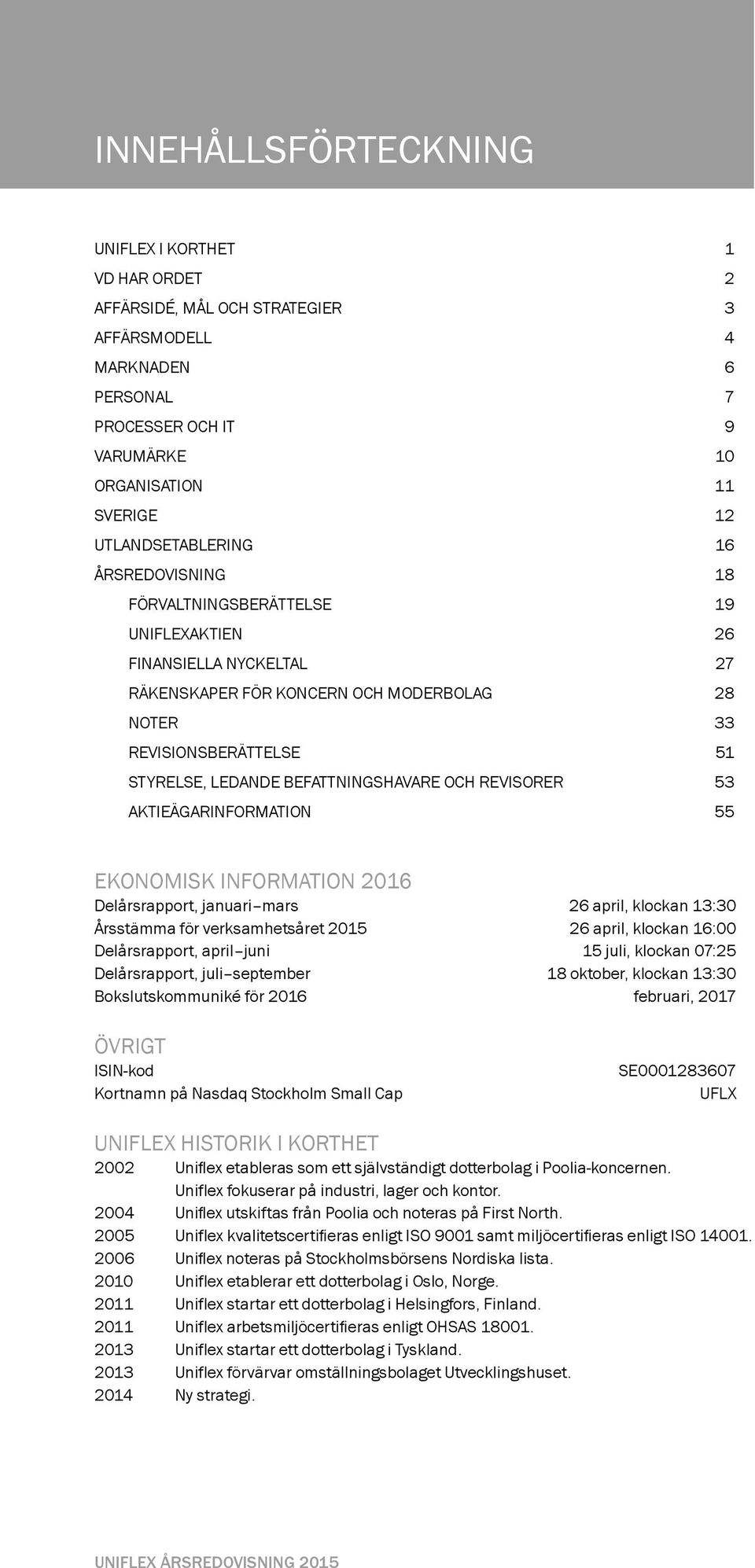 BEFATTNINGSHAVARE OCH REVISORER 53 AKTIEÄGARINFORMATION 55 EKONOMISK INFORMATION 2016 Delårsrapport, januari mars 26 april, klockan 13:30 Årsstämma för verksamhetsåret 2015 26 april, klockan 16:00