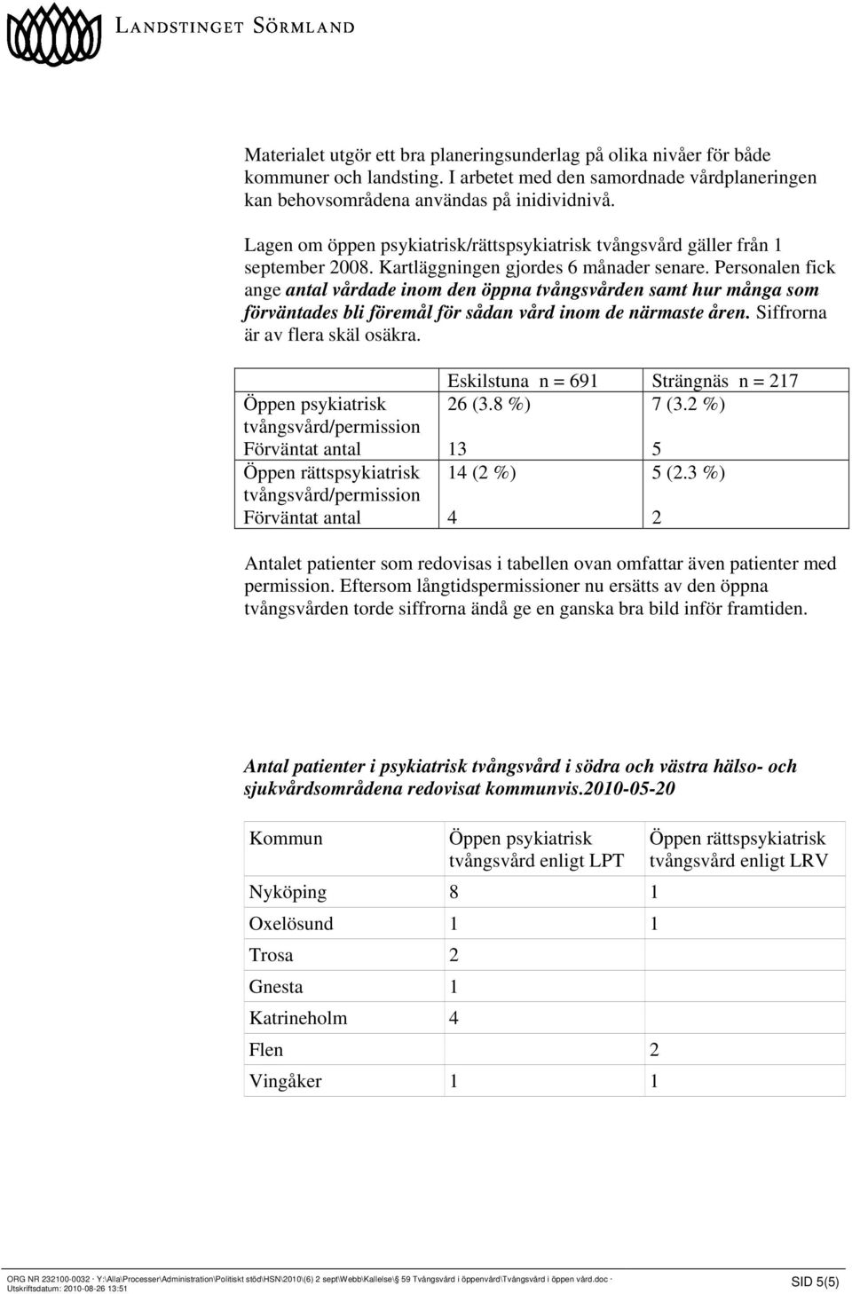 Personalen fick ange antal vårdade inom den öppna tvångsvården samt hur många som förväntades bli föremål för sådan vård inom de närmaste åren. Siffrorna är av flera skäl osäkra.