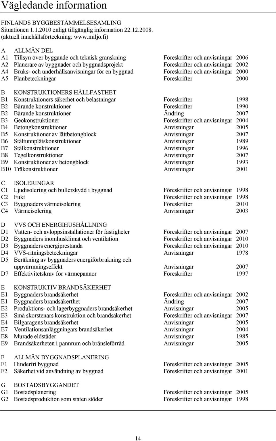 underhållsanvisningar för en byggnad Föreskrifter och anvisningar 2000 A5 Planbeteckningar Föreskrifter 2000 B KONSTRUKTIONERS HÅLLFASTHET B1 Konstruktioners säkerhet och belastningar Föreskrifter