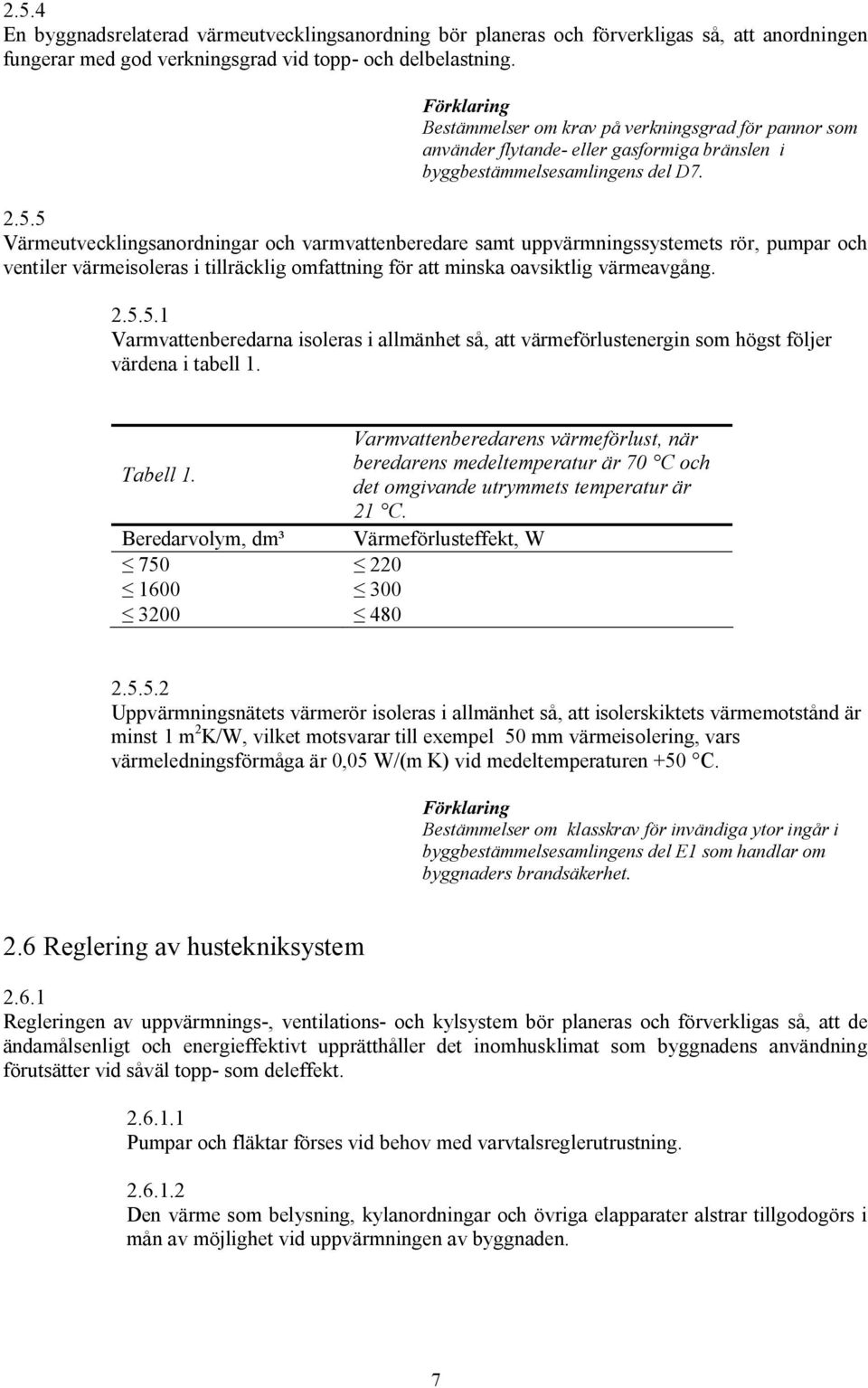 5 Värmeutvecklingsanordningar och varmvattenberedare samt uppvärmningssystemets rör, pumpar och ventiler värmeisoleras i tillräcklig omfattning för att minska oavsiktlig värmeavgång. 2.5.5.1 Varmvattenberedarna isoleras i allmänhet så, att värmeförlustenergin som högst följer värdena i tabell 1.