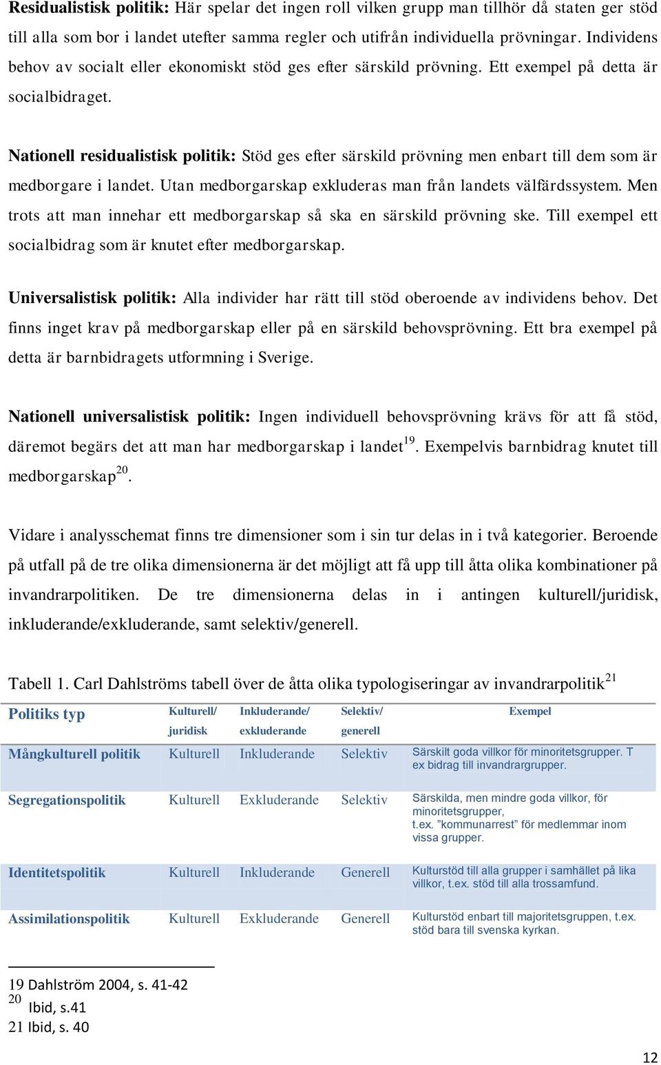 Nationell residualistisk politik: Stöd ges efter särskild prövning men enbart till dem som är medborgare i landet. Utan medborgarskap exkluderas man från landets välfärdssystem.