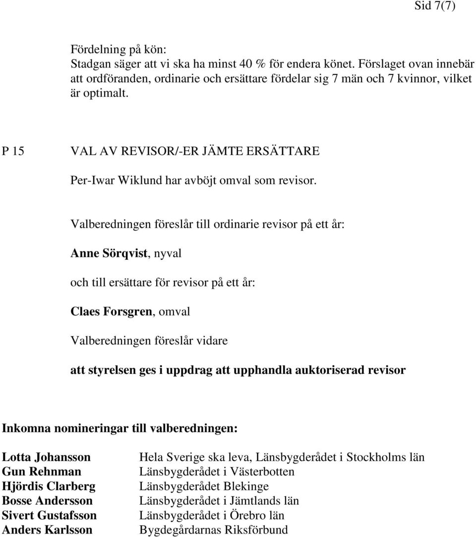 P 15 VAL AV REVISOR/-ER JÄMTE ERSÄTTARE Per-Iwar Wiklund har avböjt omval som revisor.