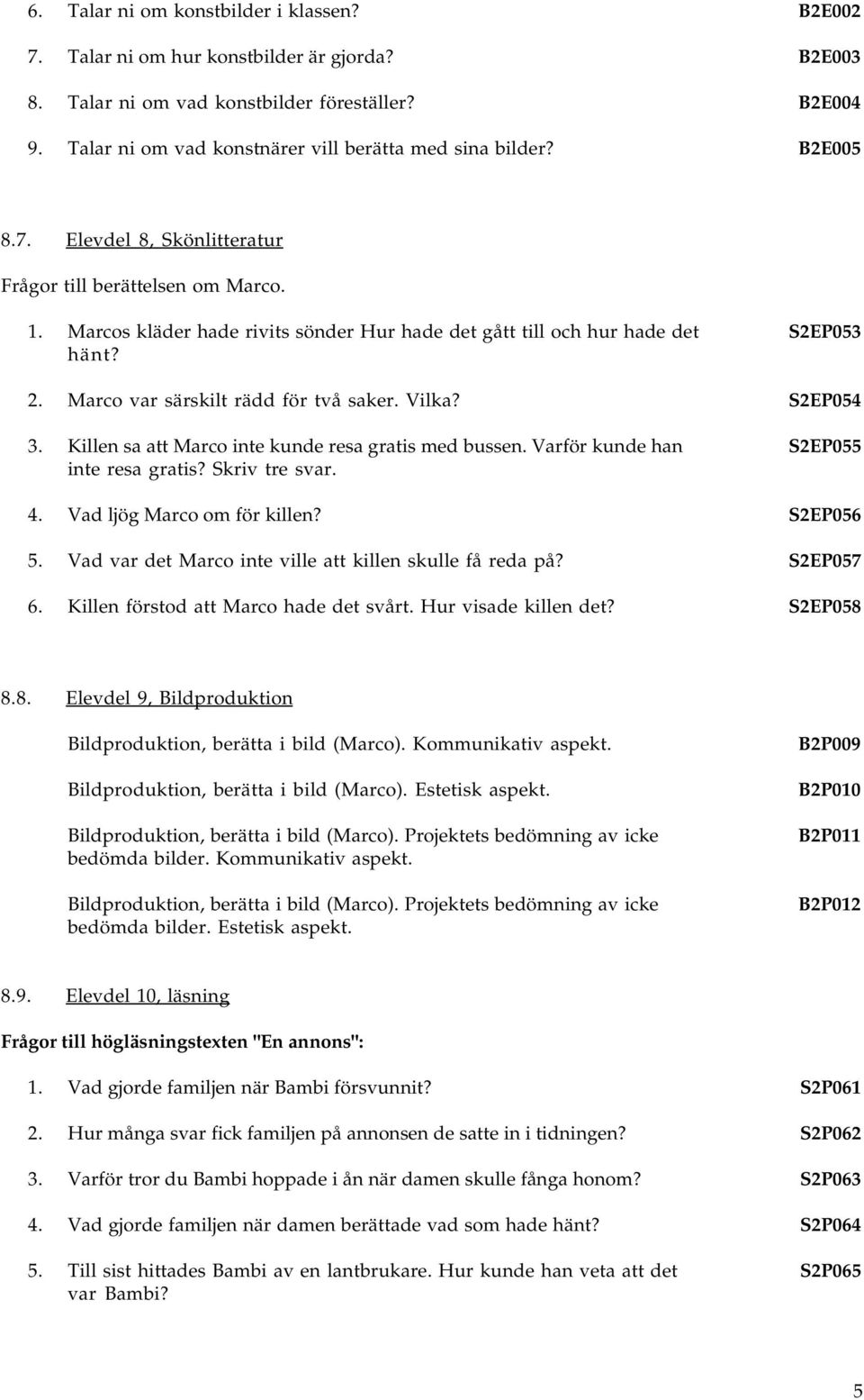 Marcos kläder hade rivits sönder Hur hade det gått till och hur hade det hänt? S2EP053 2. Marco var särskilt rädd för två saker. Vilka? S2EP054 3.