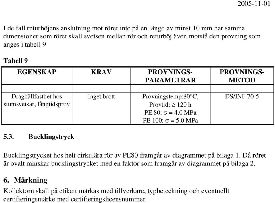 DS/INF 70-5 5.3. Bucklingstryck Bucklingstrycket hos helt cirkulära rör av PE80 framgår av diagraet på bilaga 1.