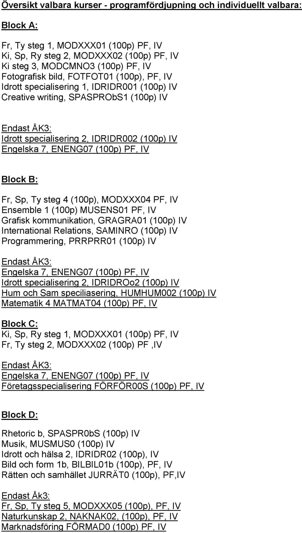 ENENG07 (100p) PF, IV Block B: Fr, Sp, Ty steg 4 (100p), MODXXX04 PF, IV Ensemble 1 (100p) MUSENS01 PF, IV Grafisk kommunikation, GRAGRA01 (100p) IV International Relations, SAMINRO (100p) IV