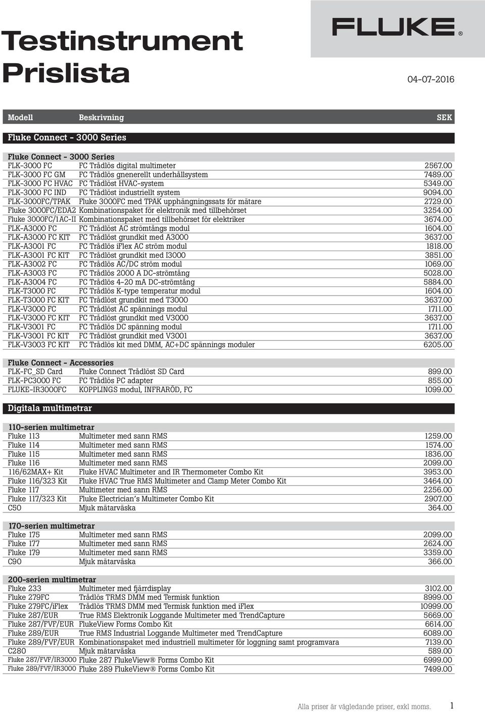 00 FLK-3000FC/TPAK Fluke 3000FC med TPAK upphängningssats för mätare 2729.00 Fluke 3000FC/EDA2 Kombinationspaket för elektronik med tillbehörset 3254.