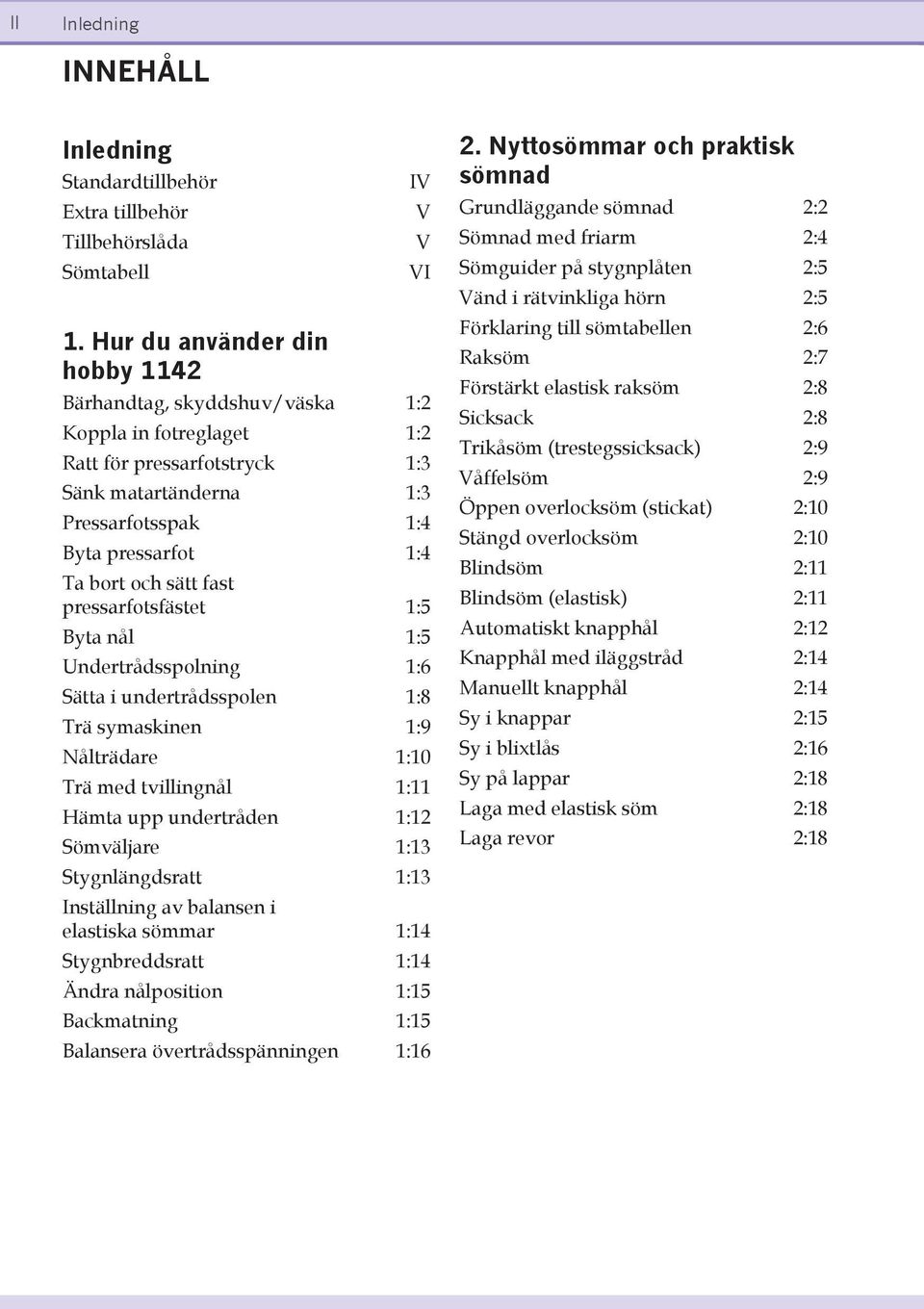 fast pressarfotsfästet 1:5 Byta nål 1:5 Undertrådsspolning 1:6 Sätta i undertrådsspolen 1:8 Trä symaskinen 1:9 Nålträdare 1:10 Trä med tvillingnål 1:11 Hämta upp undertråden 1:12 Sömväljare 1:13