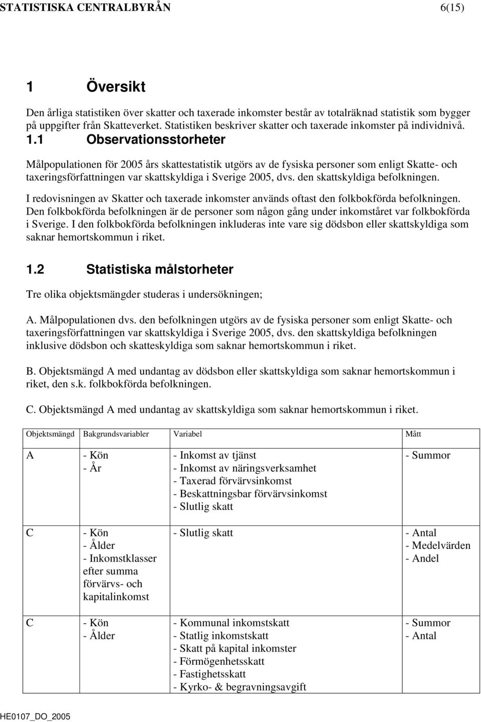 1 Observationsstorheter Målpopulationen för 2005 års skattestatistik utgörs av de fysiska personer som enligt Skatte- och taxeringsförfattningen var skattskyldiga i Sverige 2005, dvs.