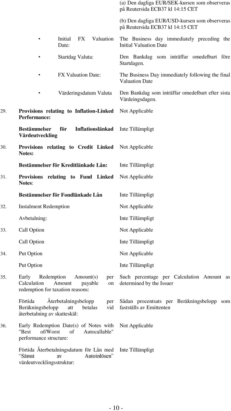 FX Valuation Date: The Business Day immediately following the final Valuation Date Värderingsdatum Valuta Den Bankdag som inträffar omedelbart efter sista Värdeingsdagen. 29.