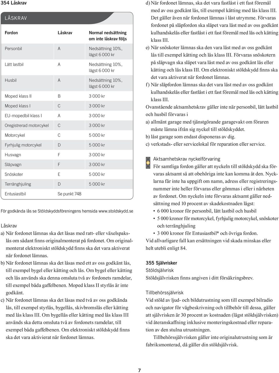 Släpvagn F 3 000 kr Snöskoter E 5 000 kr Terränghjuling D 5 000 kr Entusiastbil Se punkt 748 För godkända lås se Stöldskyddsföreningens hemsida www.stoldskydd.