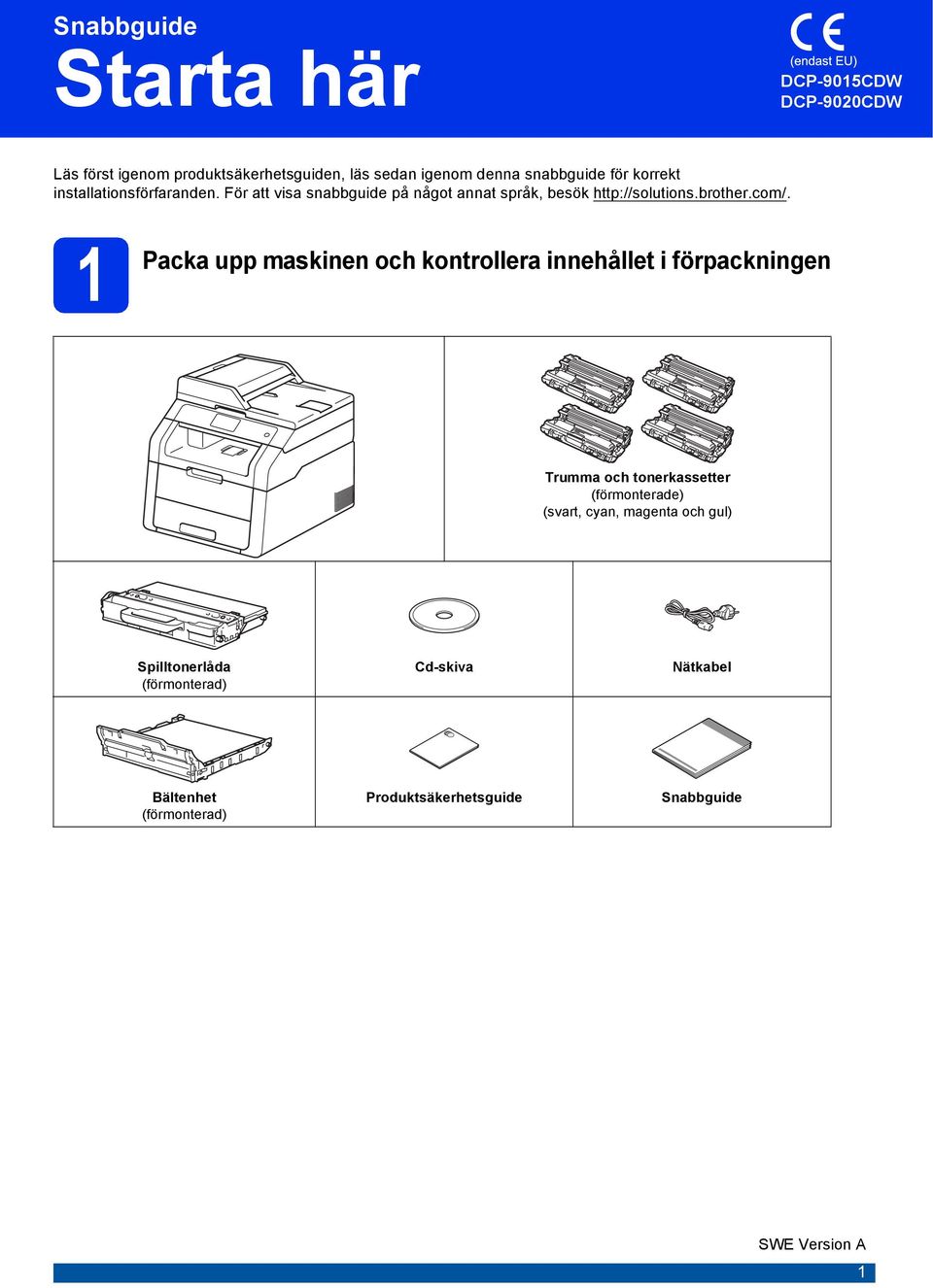 1 Pk upp mskinen oh kontroller innehållet i förpkningen Trumm oh tonerkssetter (förmonterde) (svrt, yn, mgent