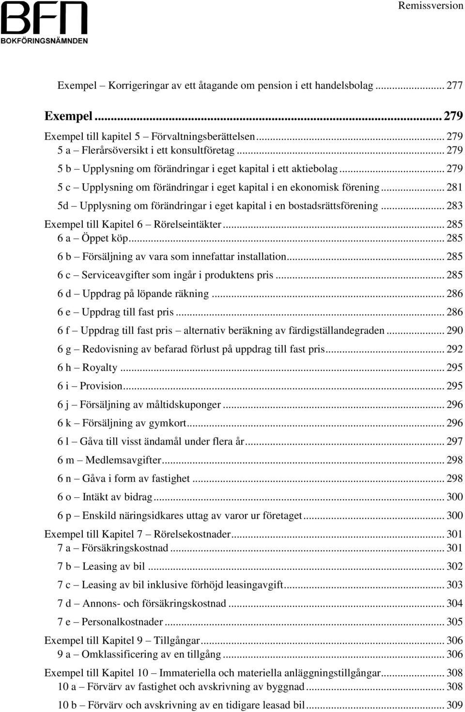 .. 281 5d Upplysning om förändringar i eget kapital i en bostadsrättsförening... 283 Exempel till Kapitel 6 Rörelseintäkter... 285 6 a Öppet köp.