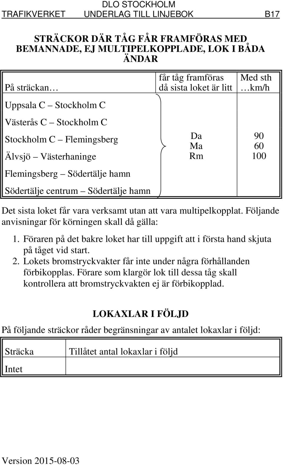 verksamt utan att vara multipelkopplat. Följande anvisningar för körningen skall då gälla: 1. Föraren på det bakre loket har till uppgift att i första hand skjuta på tåget vid start. 2.