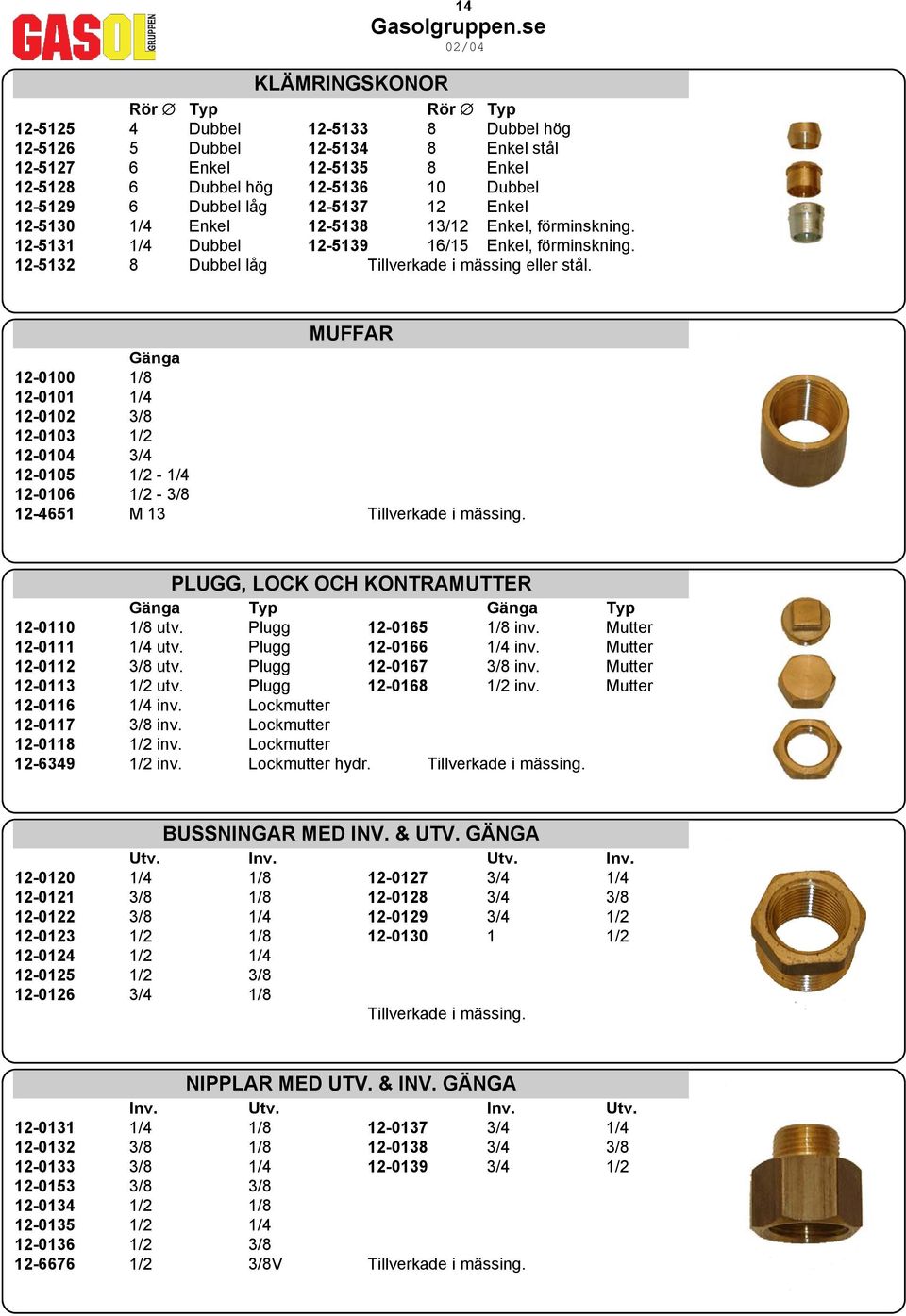 MUFFAR Gänga 12-0100 1/8 12-0101 1/4 12-0102 3/8 12-0103 1/2 12-0104 3/4 12-0105 1/2-1/4 12-0106 1/2-3/8 12-4651 M 13 Tillverkade i mässing.