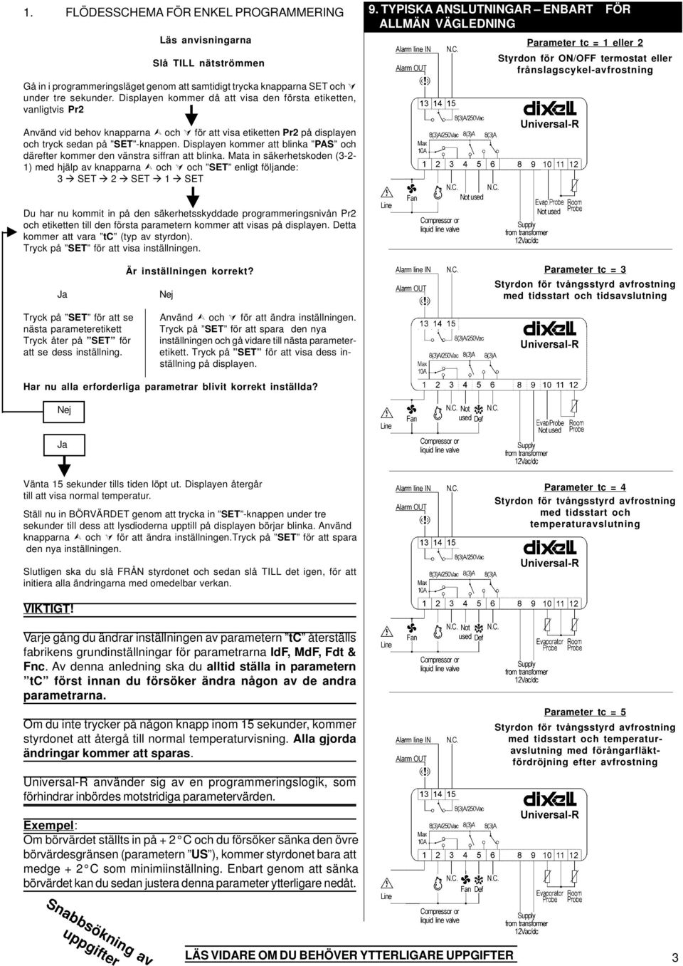 TYPISKA ANSLUTNINGAR ENBART FÖR ALLMÄN VÄGLEDNING Parameter tc = 1 eller 2 Styrdon för ON/OFF termostat eller frånslagscykel- Använd vid behov knapparna # och!