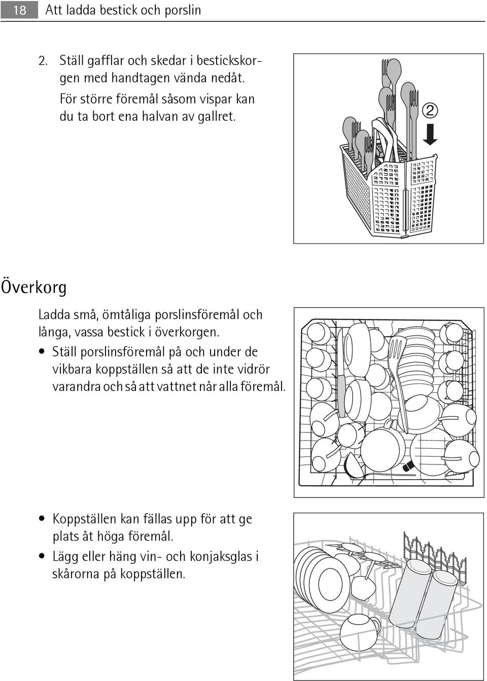 Överkorg Ladda små, ömtåliga porslinsföremål och långa, vassa bestick i överkorgen.