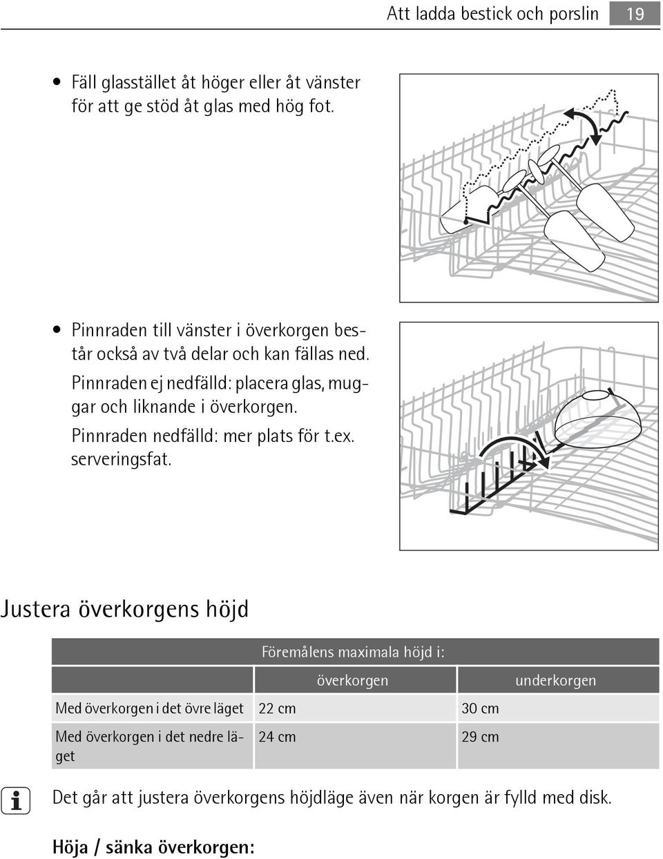 Pinnraden ej nedfälld: placera glas, muggar och liknande i överkorgen. Pinnraden nedfälld: mer plats för t.ex. serveringsfat.