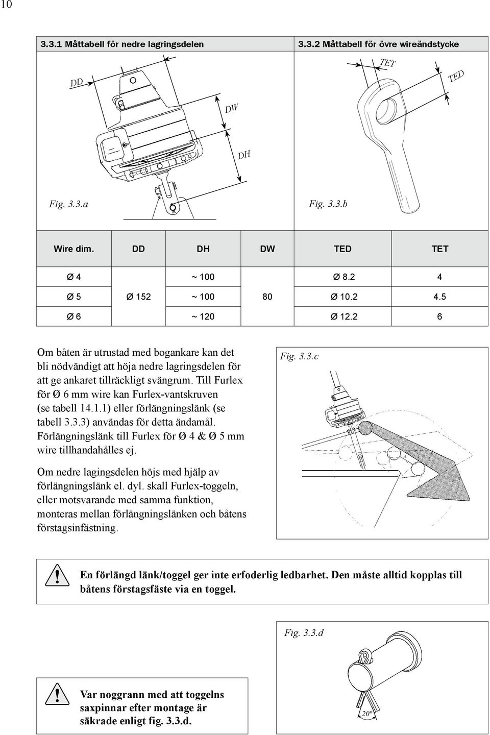 .1.1) eller förlängningslänk (se tabell 3.3.3) användas för detta ändamål. Förlängningslänk till Furlex för Ø 4 & Ø 5 mm wire tillhandahålles ej. Fig. 3.3.c Om nedre lagingsdelen höjs med hjälp av förlängningslänk el.