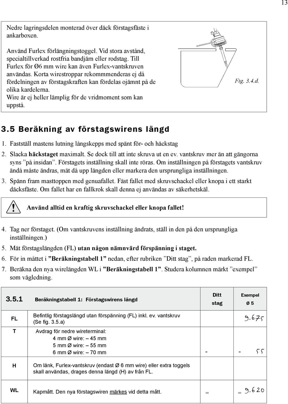 Wire är ej heller lämplig för de vridmoment som kan uppstå. Fig. 3.4.d. 3.5 Beräkning av förstagswirens längd 1. Fastställ mastens lutning långskepps med spänt för- och häckstag 2.