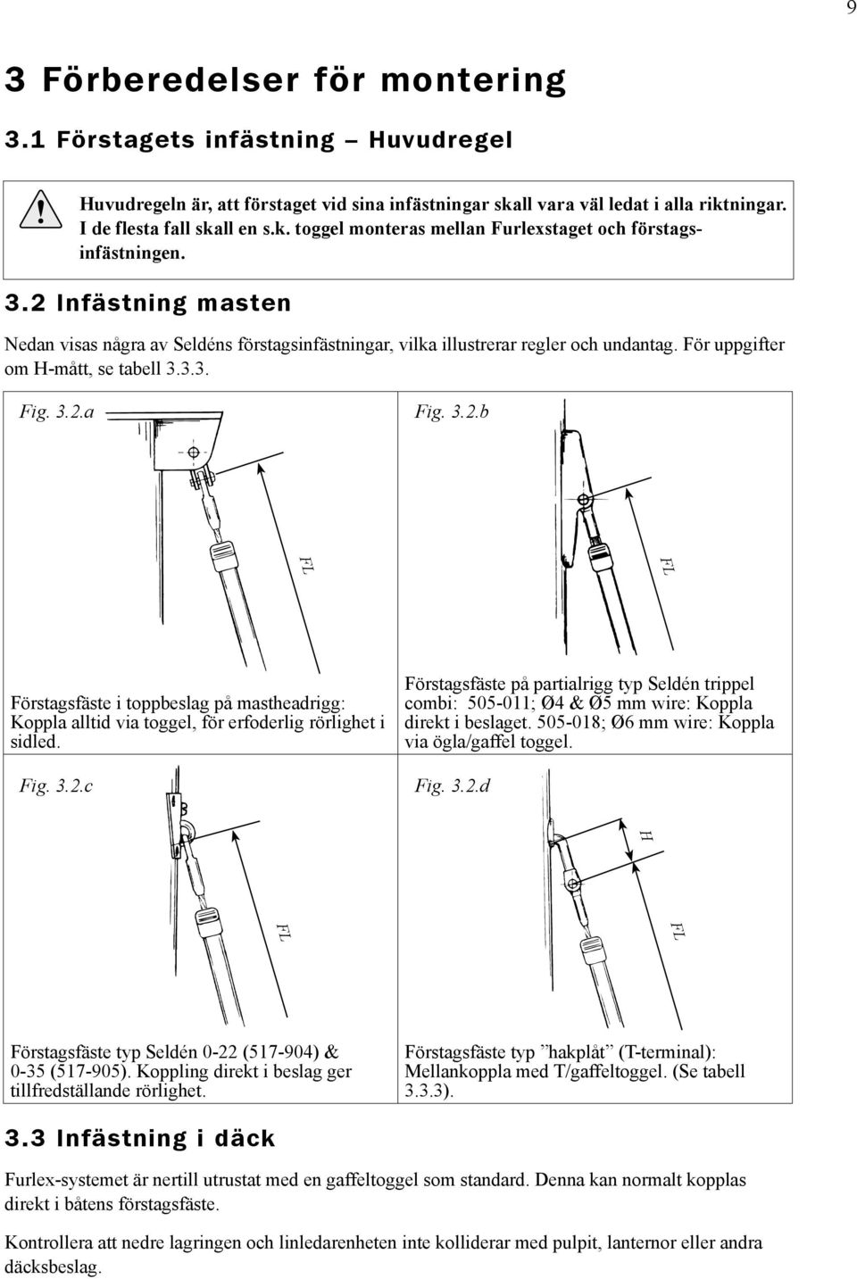 Förstagsfäste på partialrigg typ Seldén trippel combi: 505-011; Ø4 & Ø5 mm wire: Koppla direkt i beslaget. 505-018; Ø6 mm wire: Koppla via ögla/gaffel toggel. Fig. 3.2.