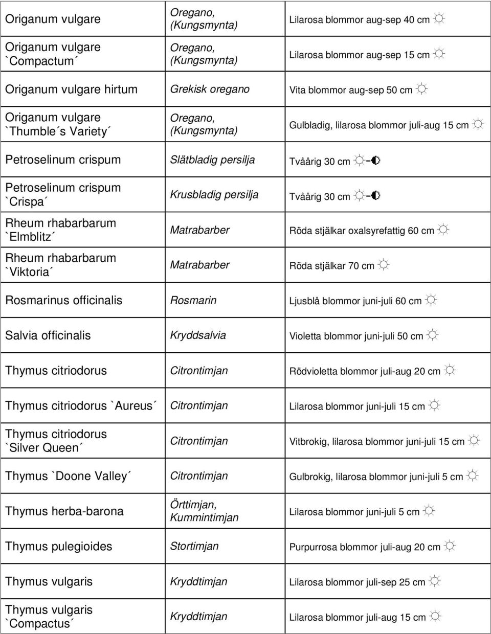 `Crispa Rheum rhabarbarum `Elmblitz Rheum rhabarbarum `Viktoria Krusbladig persilja Tvåårig 30 cm Matrabarber Röda stjälkar oxalsyrefattig 60 cm Matrabarber Röda stjälkar 70 cm Rosmarinus officinalis