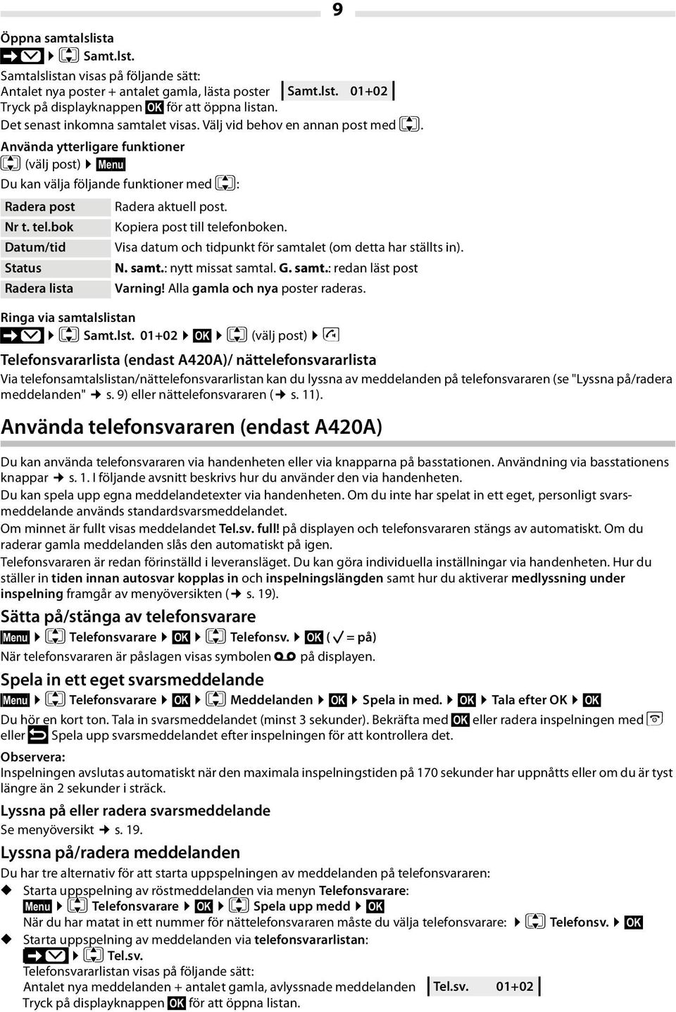 tel.bok Kopiera post till telefonboken. Datum/tid Visa datum och tidpunkt för samtalet (om detta har ställts in). Status N. samt.: nytt missat samtal. G. samt.: redan läst post Radera lista Varning!