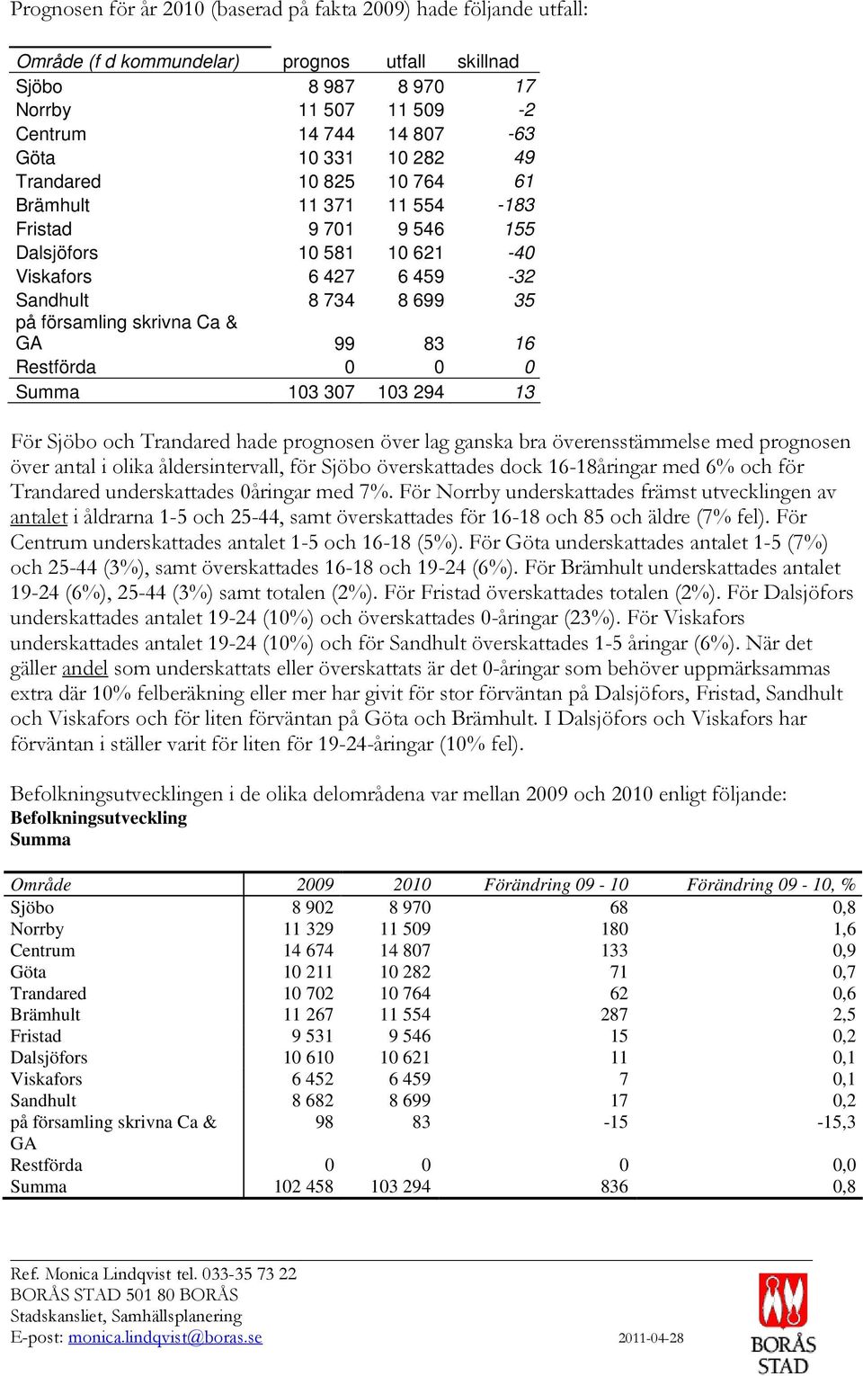 83 16 Restförda 0 0 0 Summa 103 307 103 294 13 För Sjöbo och Trandared hade prognosen över lag ganska bra överensstämmelse med prognosen över antal i olika åldersintervall, för Sjöbo överskattades