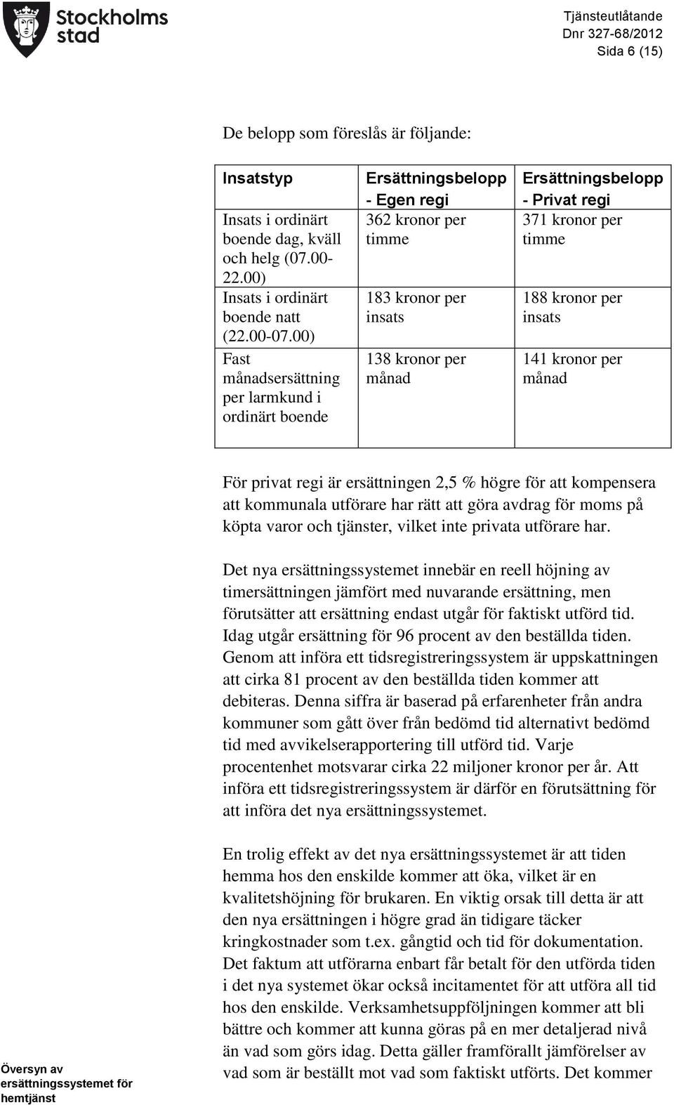 timme 188 kronor per insats 141 kronor per månad För privat regi är ersättningen 2,5 % högre för att kompensera att kommunala utförare har rätt att göra avdrag för moms på köpta varor och tjänster,