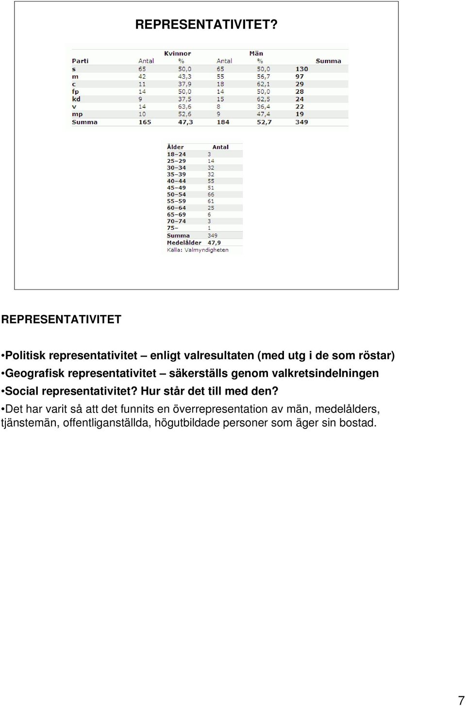 Geografisk representativitet säkerställs genom valkretsindelningen Social representativitet?