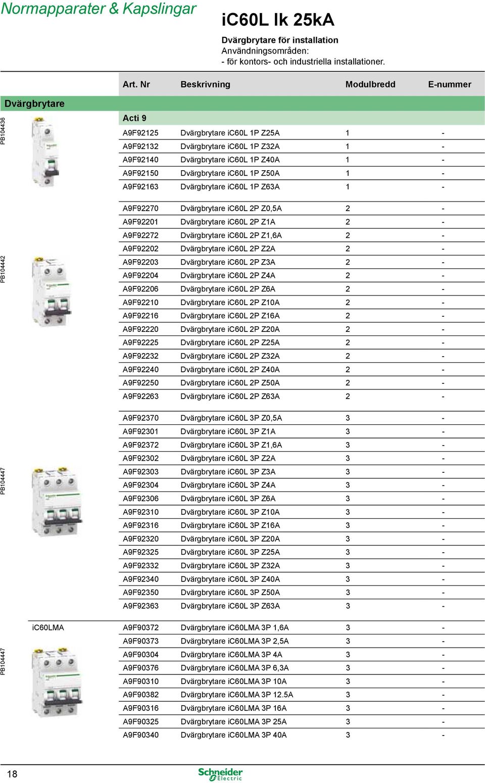 ic60l 1P Z50A 1 - A9F92163 Dvärgbrytare ic60l 1P Z63A 1 - A9F92270 Dvärgbrytare ic60l 2P Z0,5A 2 - A9F92201 Dvärgbrytare ic60l 2P Z1A 2 - A9F92272 Dvärgbrytare ic60l 2P Z1,6A 2 - A9F92202