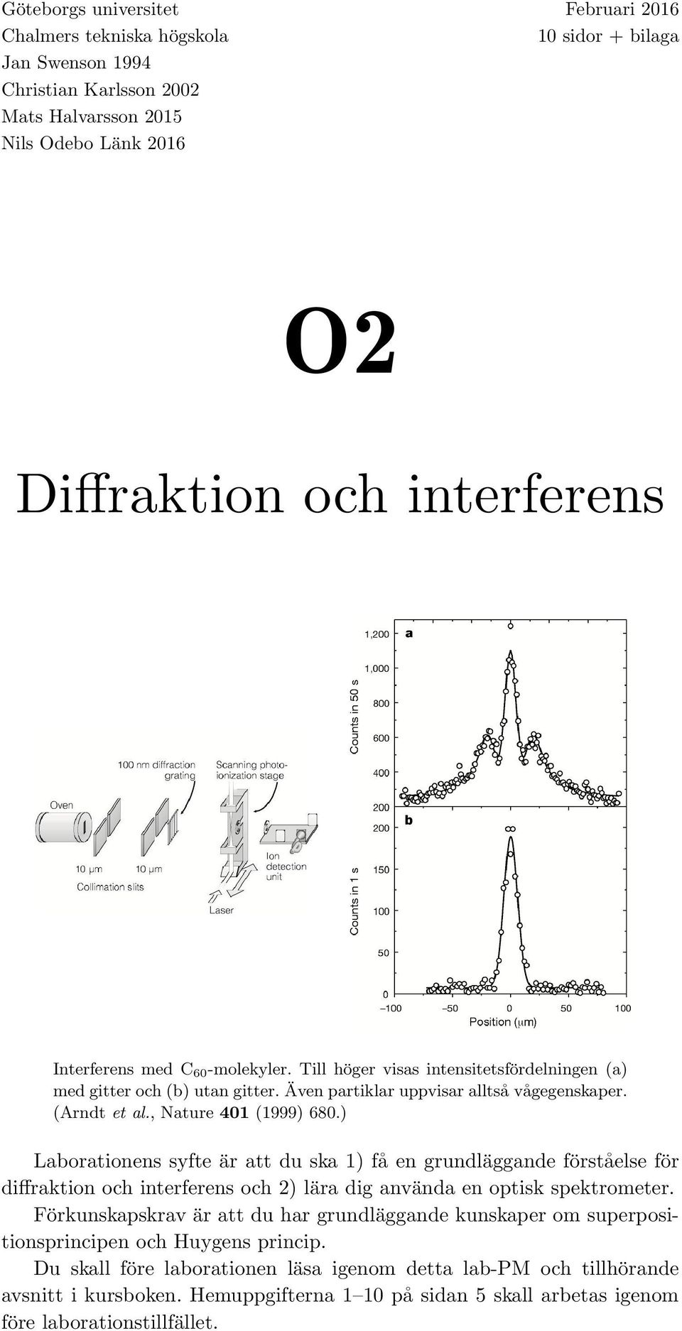 ) Laborationens syfte är att du ska 1) få en grundläggande förståelse för diffraktion och interferens och 2) lära dig använda en optisk spektrometer.